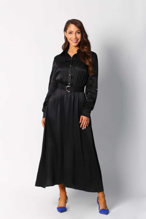 Aurelia czarna jedwabista sukienka koszulowa z wiskozy