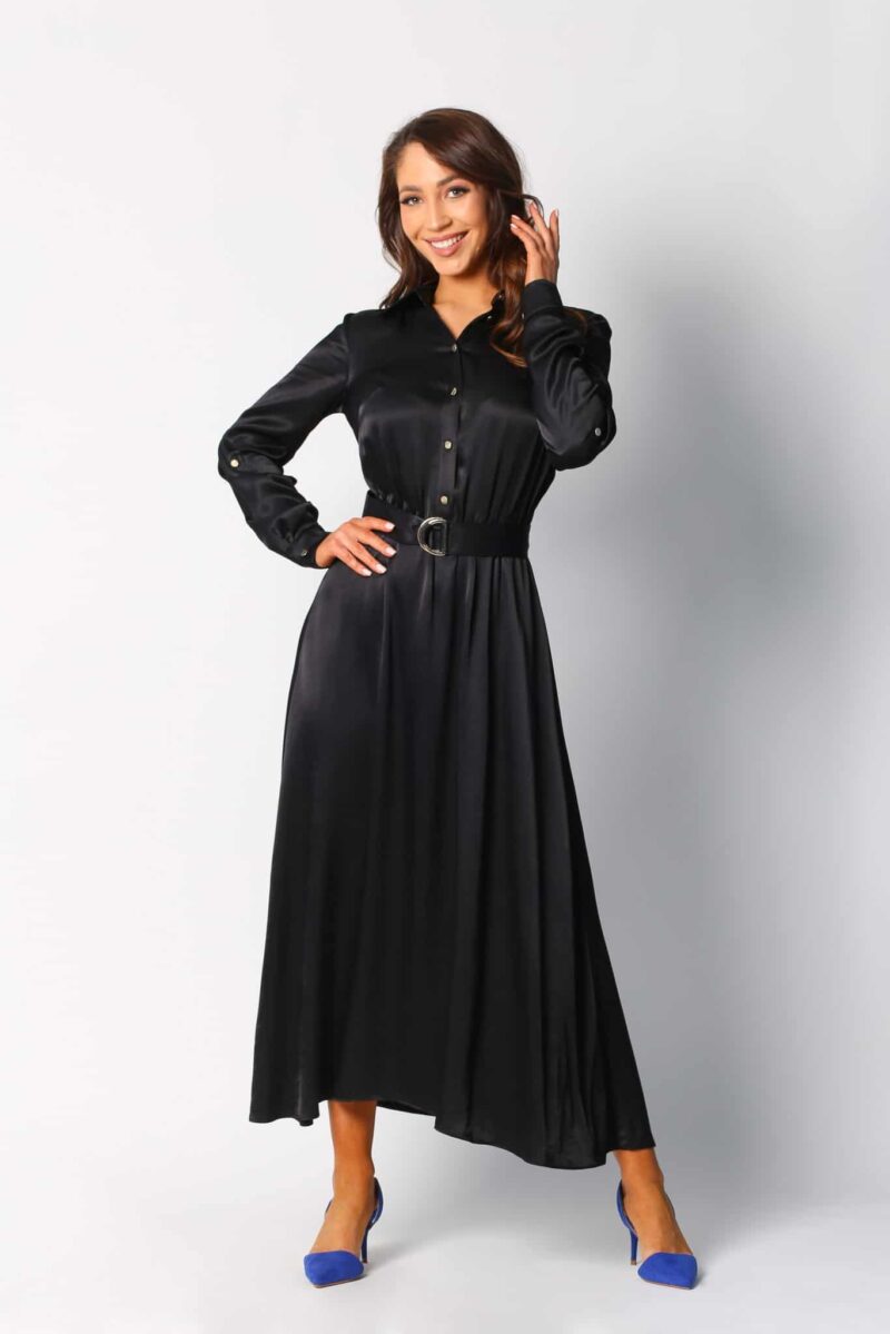 Aurelia czarna jedwabista sukienka koszulowa z wiskozy